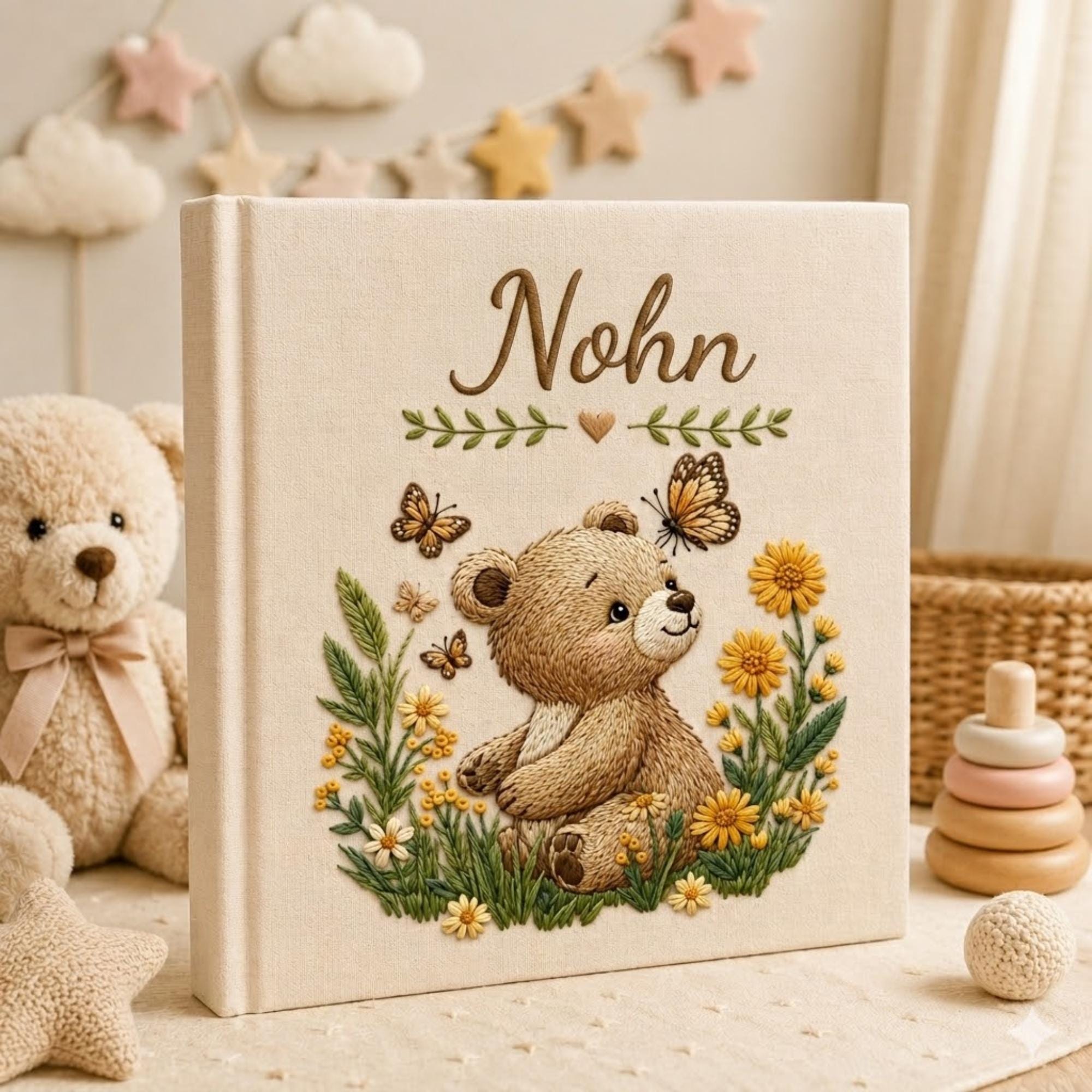 Hand Embroidered Baby Photo Album with Teddy Bear, Teddy Bear Linen Memory Book, Baby Shower Gift, Newborn Keepsake Album