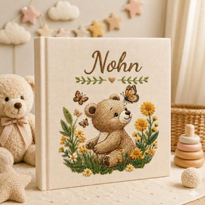 Hand Embroidered Baby Photo Album with Teddy Bear, Teddy Bear Linen Memory Book, Baby Shower Gift, Newborn Keepsake Album