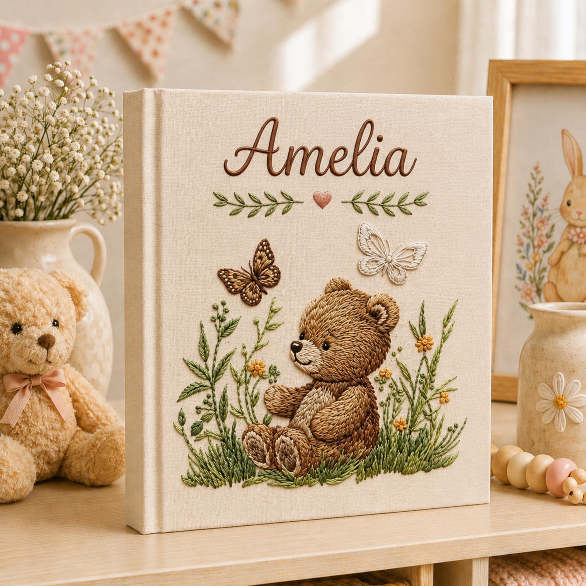 Hand Embroidered Baby Photo Album with Teddy Bear, Teddy Bear Linen Memory Book, Baby Shower Gift, Newborn Keepsake Album