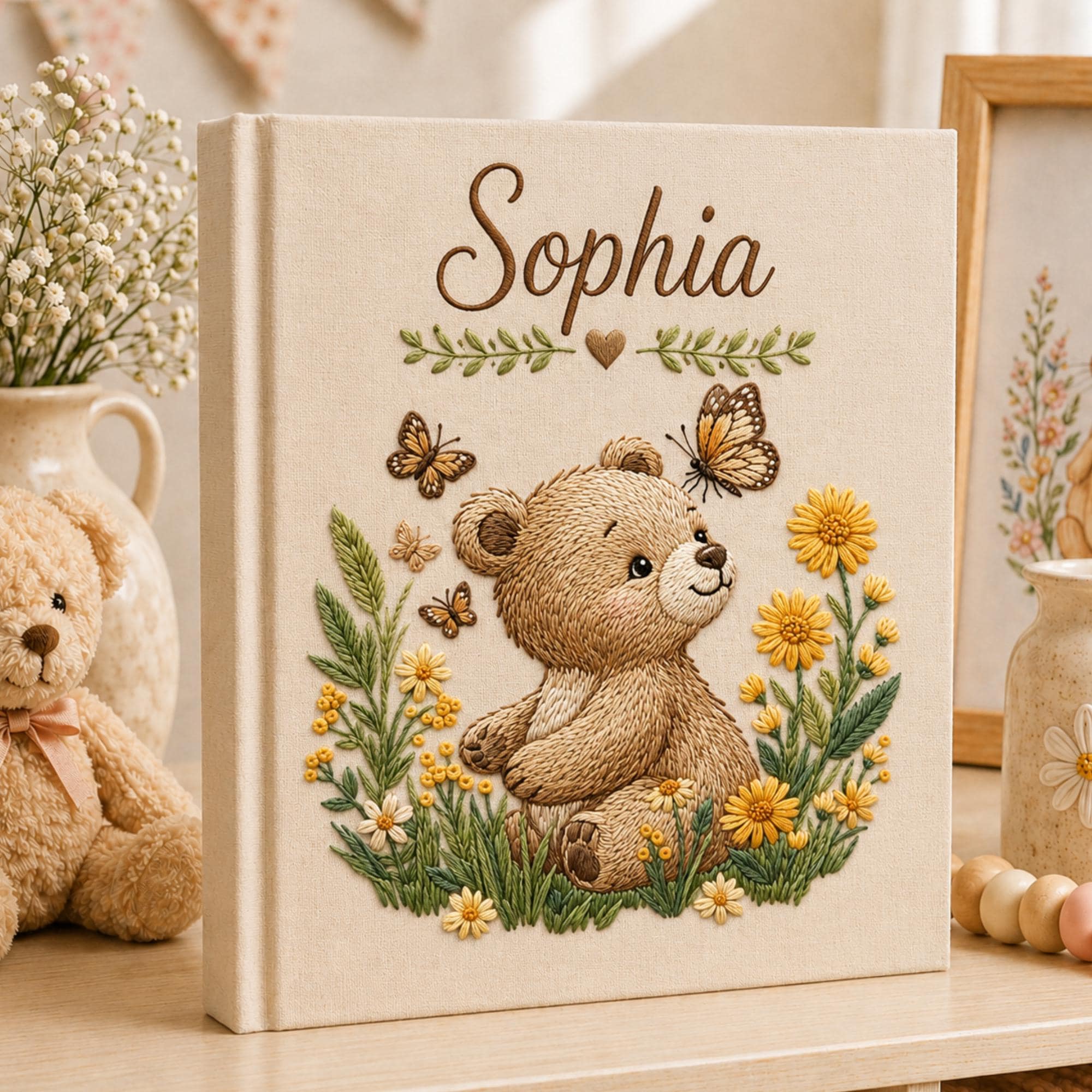 Hand Embroidered Baby Photo Album with Teddy Bear, Teddy Bear Linen Memory Book, Baby Shower Gift, Newborn Keepsake Album