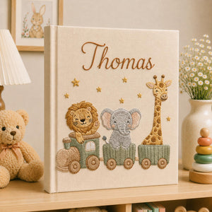 Personalized Safari Train Baby Photo Album, Custom Embroidered Linen Baby Memory Book, Safari Baby Photo Album, Newborn Keepsake Album