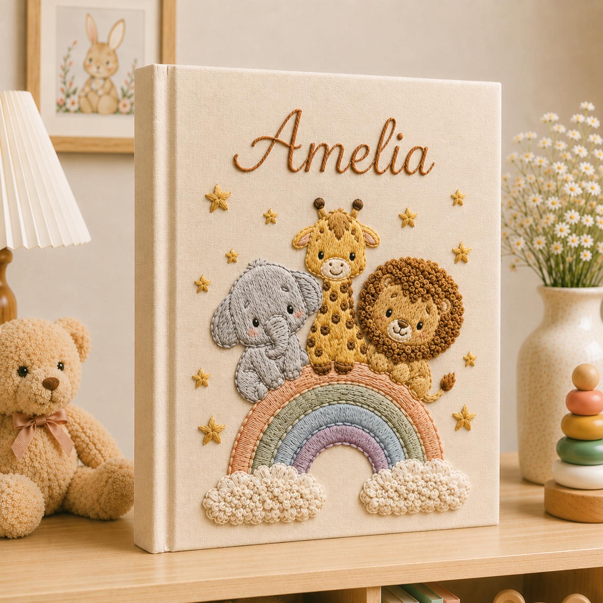 Personalized Safari Train Baby Photo Album, Custom Embroidered Linen Baby Memory Book, Safari Baby Photo Album, Newborn Keepsake Album