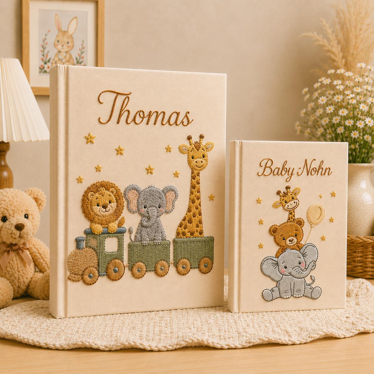 Hand Embroidered Baby Photo Album With Sleeves, Embroidered Linen Baby Memory Book, Safari Baby Photo Album, Newborn Keepsake Album