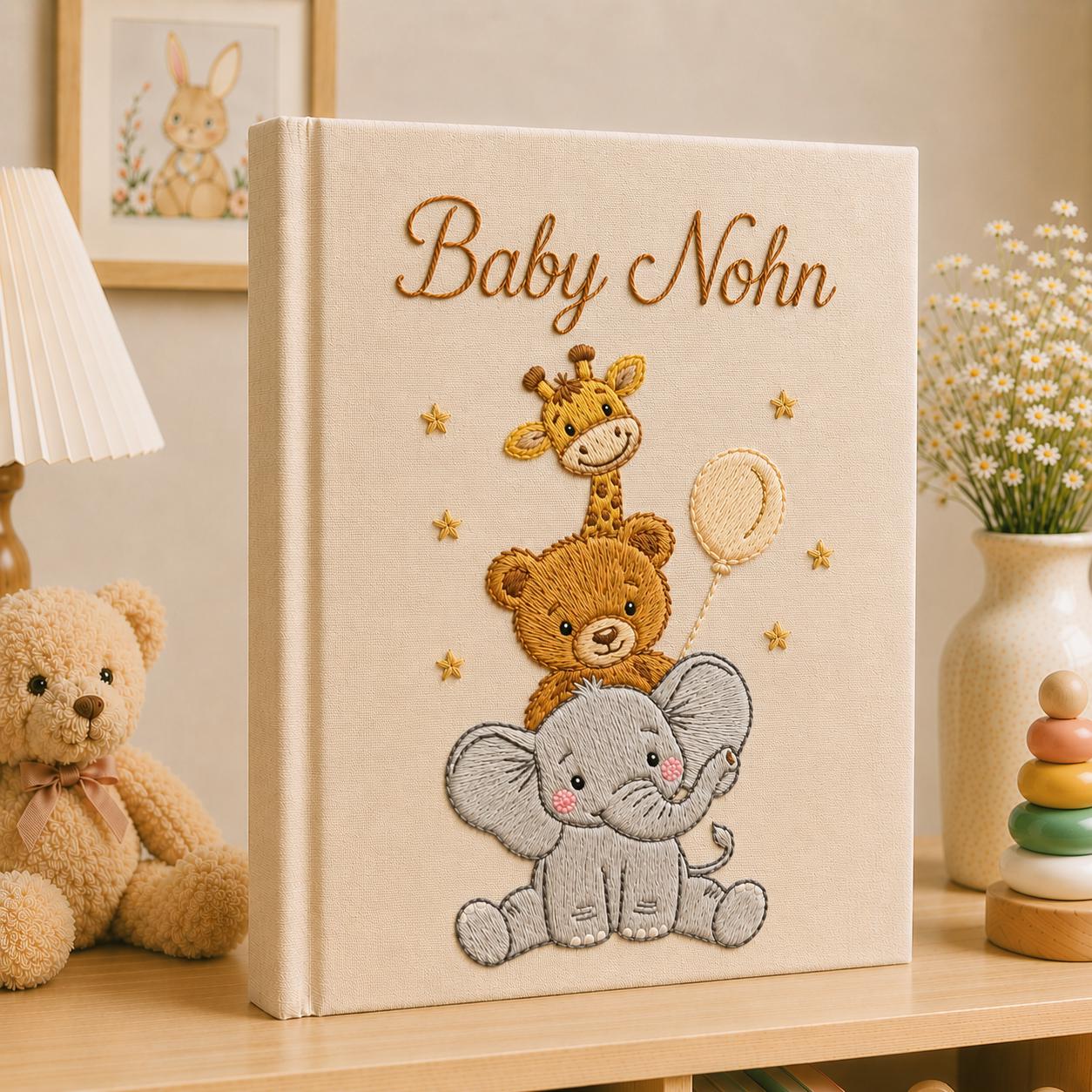 Hand Embroidered Baby Photo Album With Sleeves, Embroidered Linen Baby Memory Book, Safari Baby Photo Album, Newborn Keepsake Album