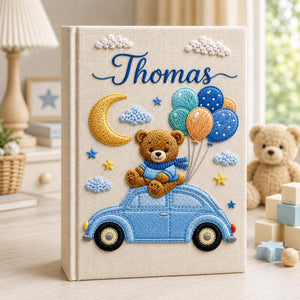 Custom Hand Embroidered Baby Photo Album, Teddy Bear Hot Air Balloon Baby Photo Album, Hand Embroidered Linen Memory Book, Newborn Keepsake