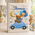 Hand Embroidered Baby Photo Album with Teddy Bear, Personalized Linen Baby Memory Book, Teddy Bear Car Baby Album, Baby Shower Gift