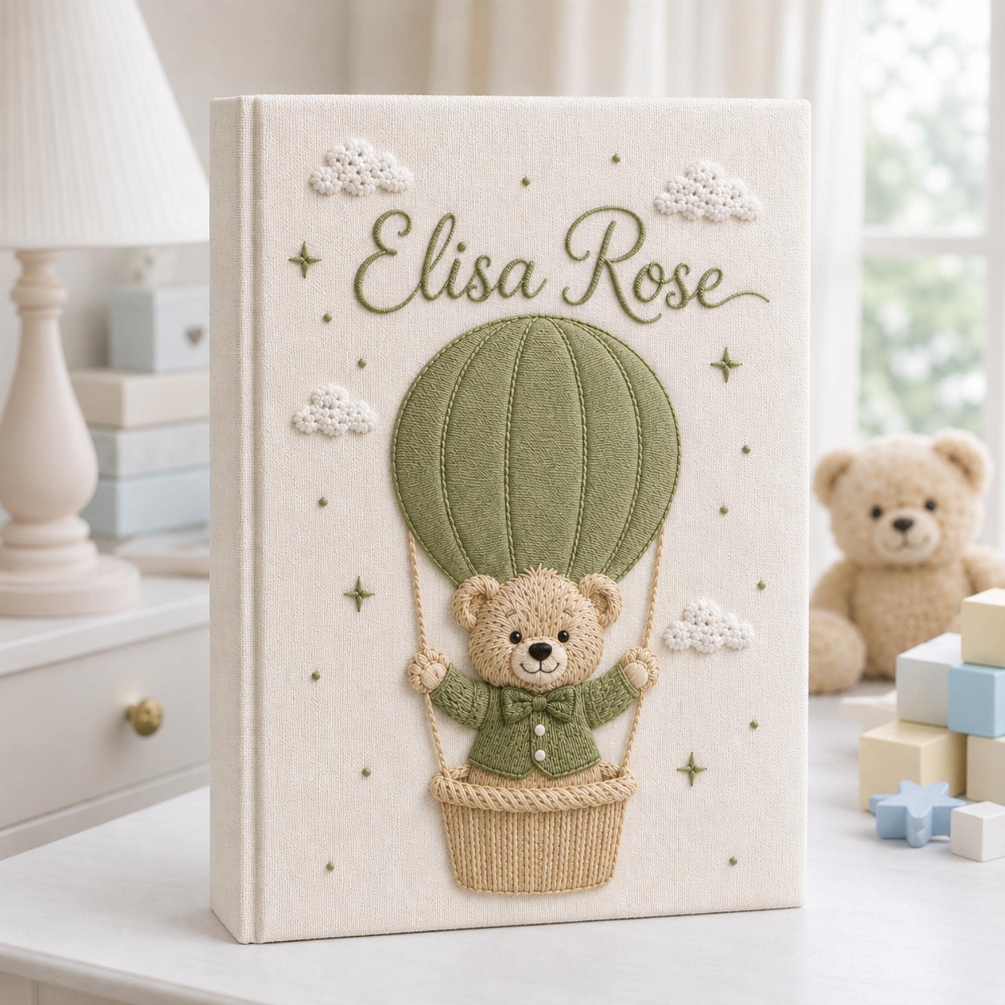 Hand Embroidered Baby Photo Album with Teddy Bear, Personalized Linen Baby Memory Book, Teddy Bear Car Baby Album, Baby Shower Gift