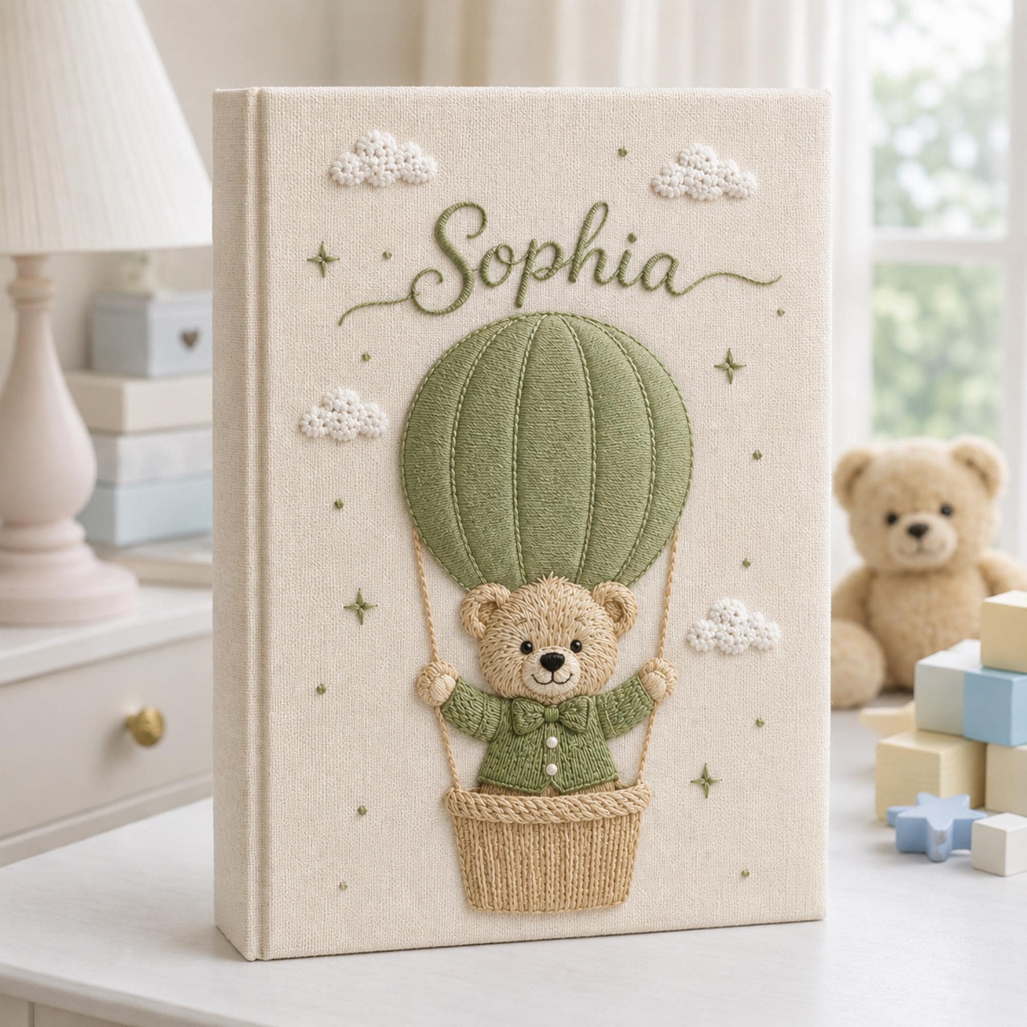 Hand Embroidered Baby Photo Album with Teddy Bear, Personalized Linen Baby Memory Book, Teddy Bear Car Baby Album, Baby Shower Gift