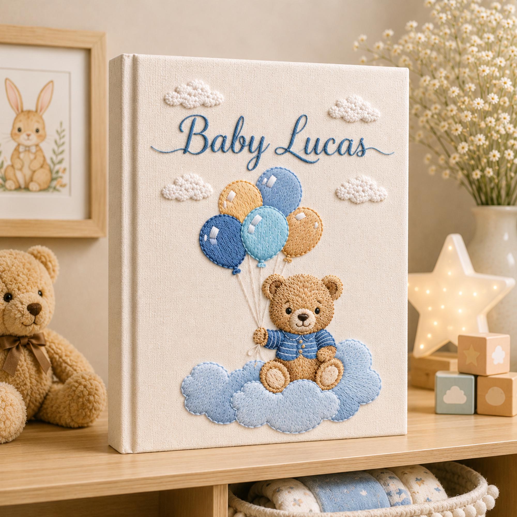 Hand Embroidered Baby Photo Album with Teddy Bear, Personalized Linen Baby Memory Book, Teddy Bear Car Baby Album, Baby Shower Gift