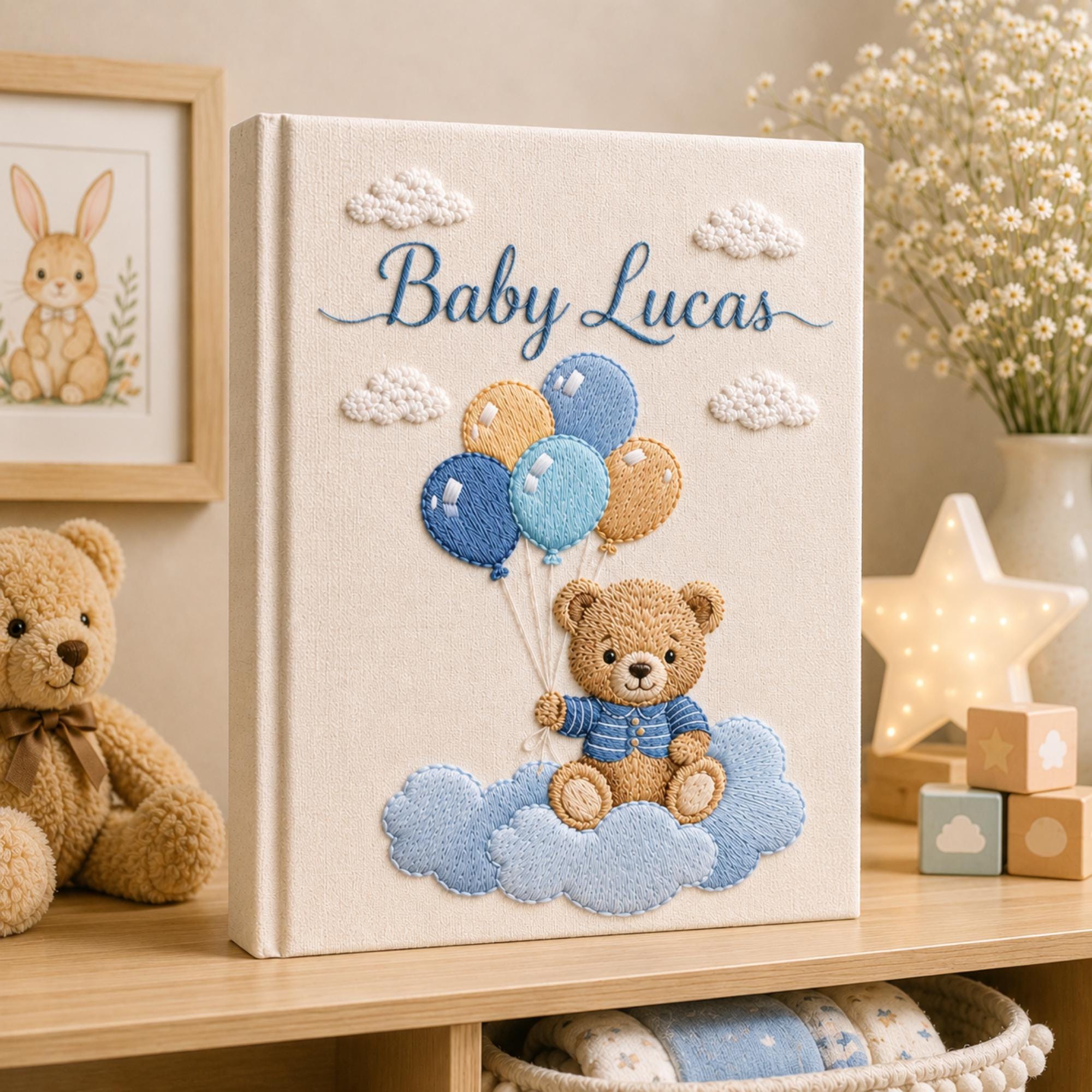 Custom Hand Embroidered Baby Photo Album, Teddy Bear Hot Air Balloon Baby Photo Album, Hand Embroidered Linen Memory Book, Newborn Keepsake
