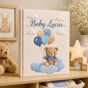Custom Hand Embroidered Baby Photo Album, Teddy Bear Hot Air Balloon Baby Photo Album, Hand Embroidered Linen Memory Book, Newborn Keepsake