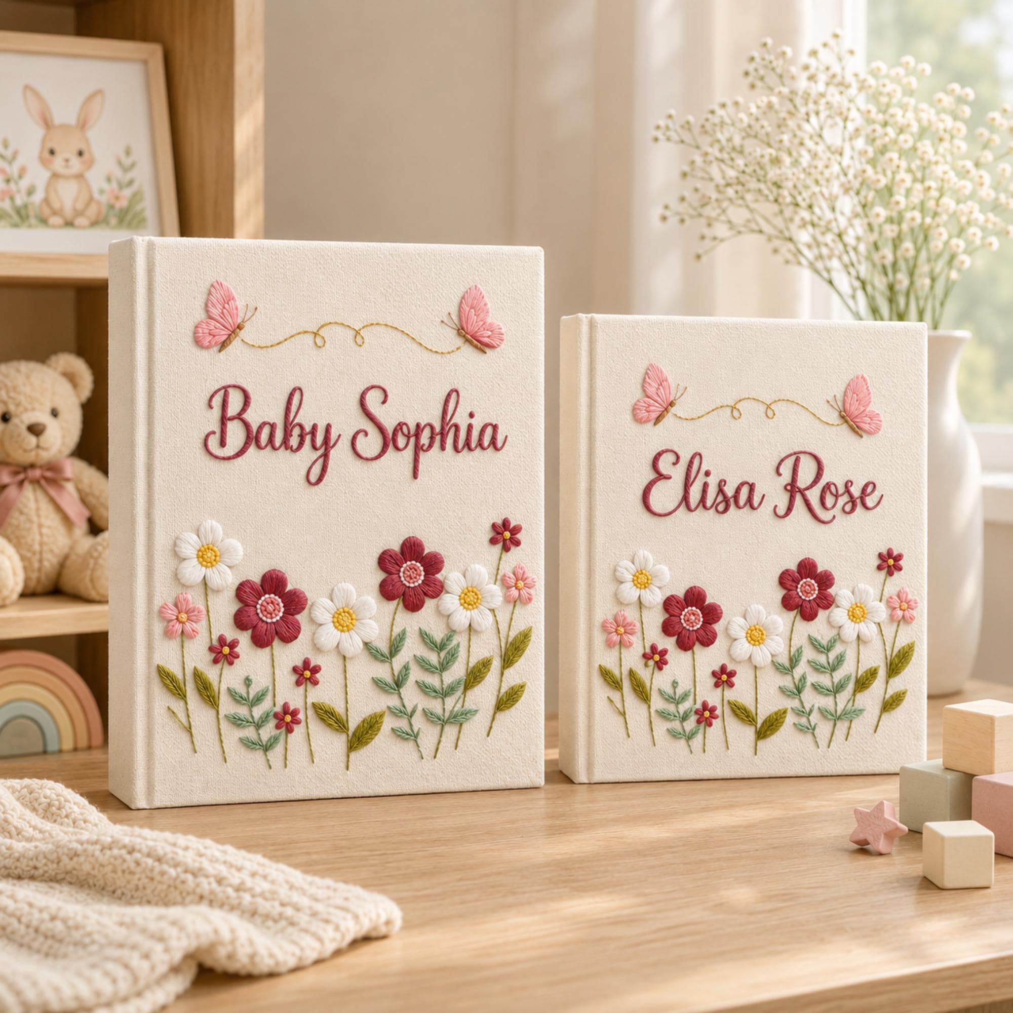 Hand Embroidered Baby Photo Album With Sleeves, Personalized Linen Memory Book, Minimal Floral Keepsake, Newborn Gift, Baby Shower Gift
