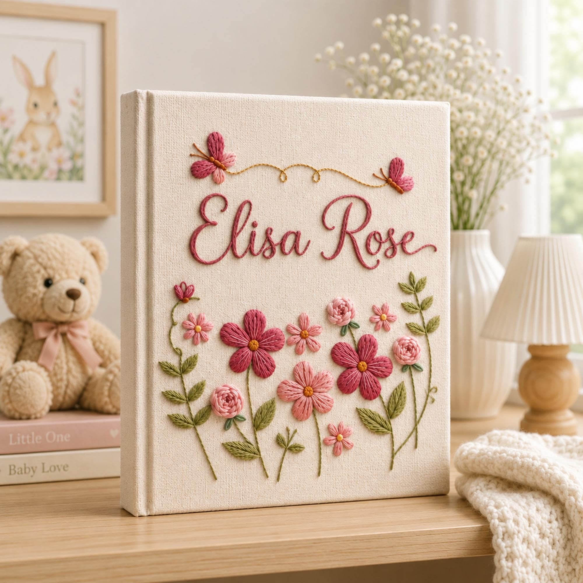 Hand Embroidered Baby Photo Album With Sleeves, Personalized Linen Memory Book, Minimal Floral Keepsake, Newborn Gift, Baby Shower Gift