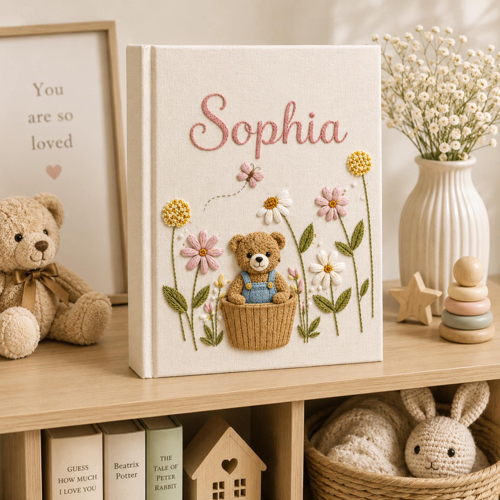 Hand Embroidered Teddy Bear Linen Baby Photo Album, Floral Memory Book Keepsake, Unique Photo Album, Baby Shower Gift, Newborn Keepsake