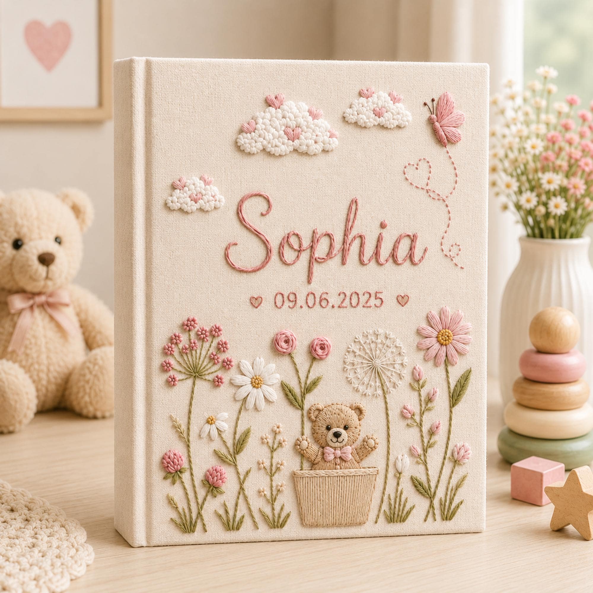 Hand Embroidered Teddy Bear Linen Baby Photo Album, Teddy Bear Floral Memory Book, Unique Photo Album, Baby Shower Gift, Newborn Keepsake