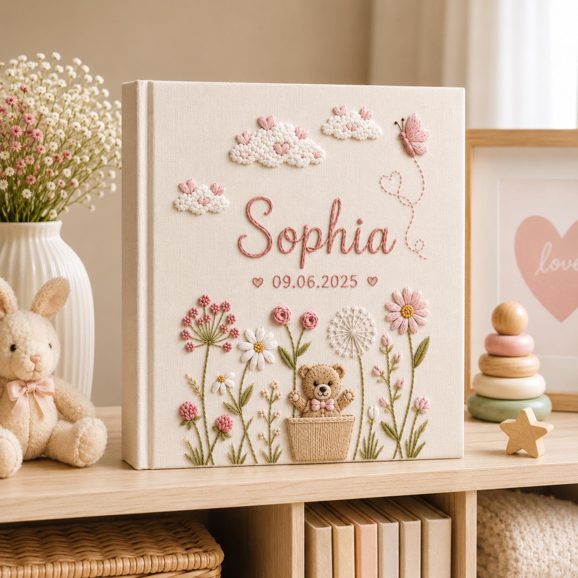 Hand Embroidered Teddy Bear Linen Baby Photo Album, Teddy Bear Floral Memory Book, Unique Photo Album, Baby Shower Gift, Newborn Keepsake