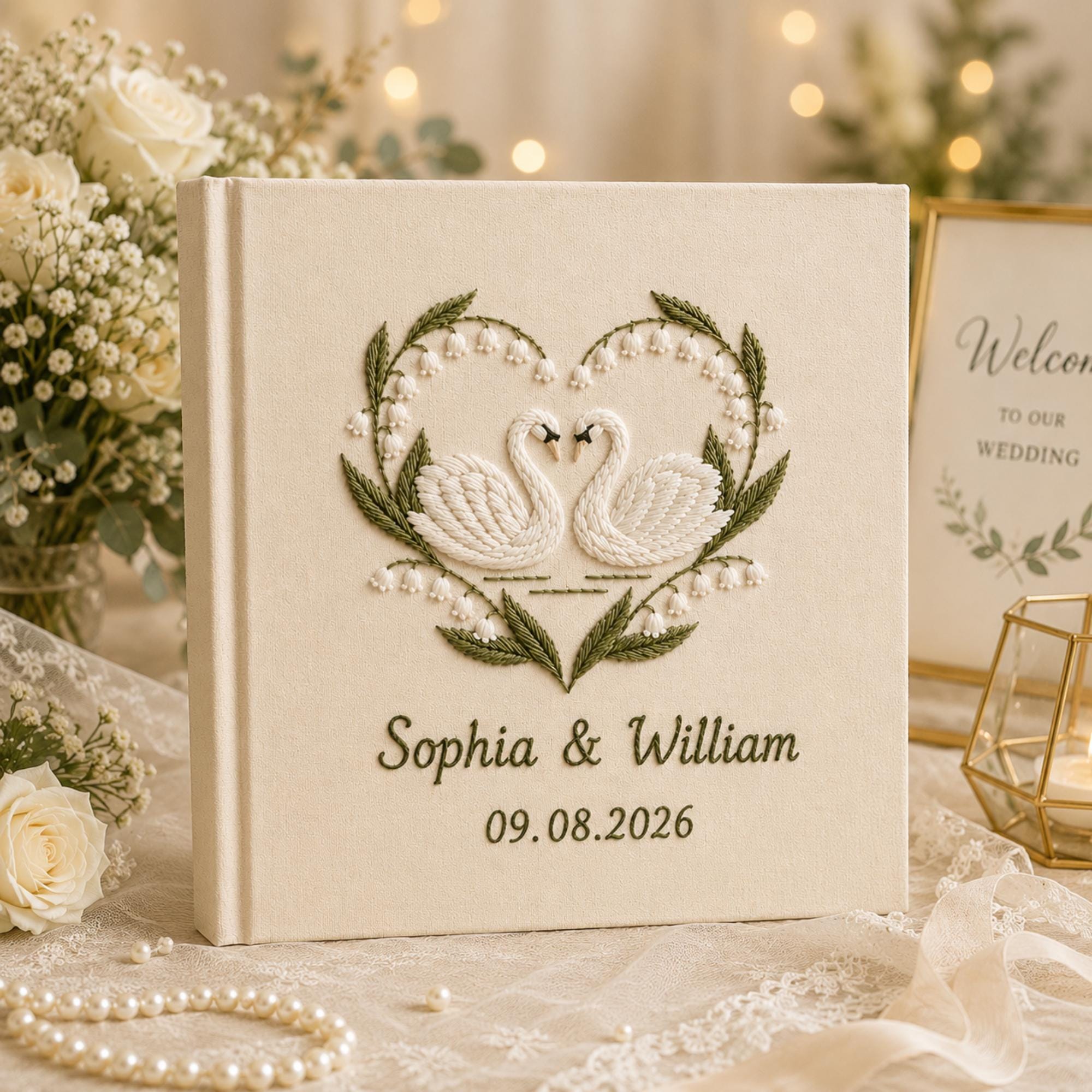 Custom Hand Embroidered Wedding Photo Album With Sleeves, Lily of the Valley Wedding Photo Album, Embroidered Swan Heart Memory Book