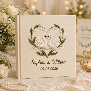 Custom Hand Embroidered Wedding Photo Album With Sleeves, Lily of the Valley Wedding Photo Album, Embroidered Swan Heart Memory Book