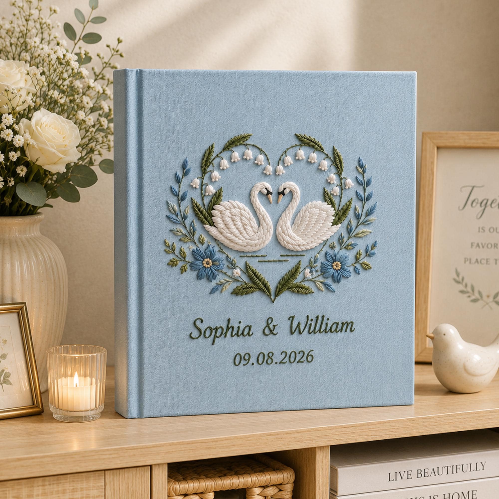 Custom Hand Embroidered Wedding Photo Album With Sleeves, Lily of the Valley Wedding Photo Album, Embroidered Swan Heart Memory Book