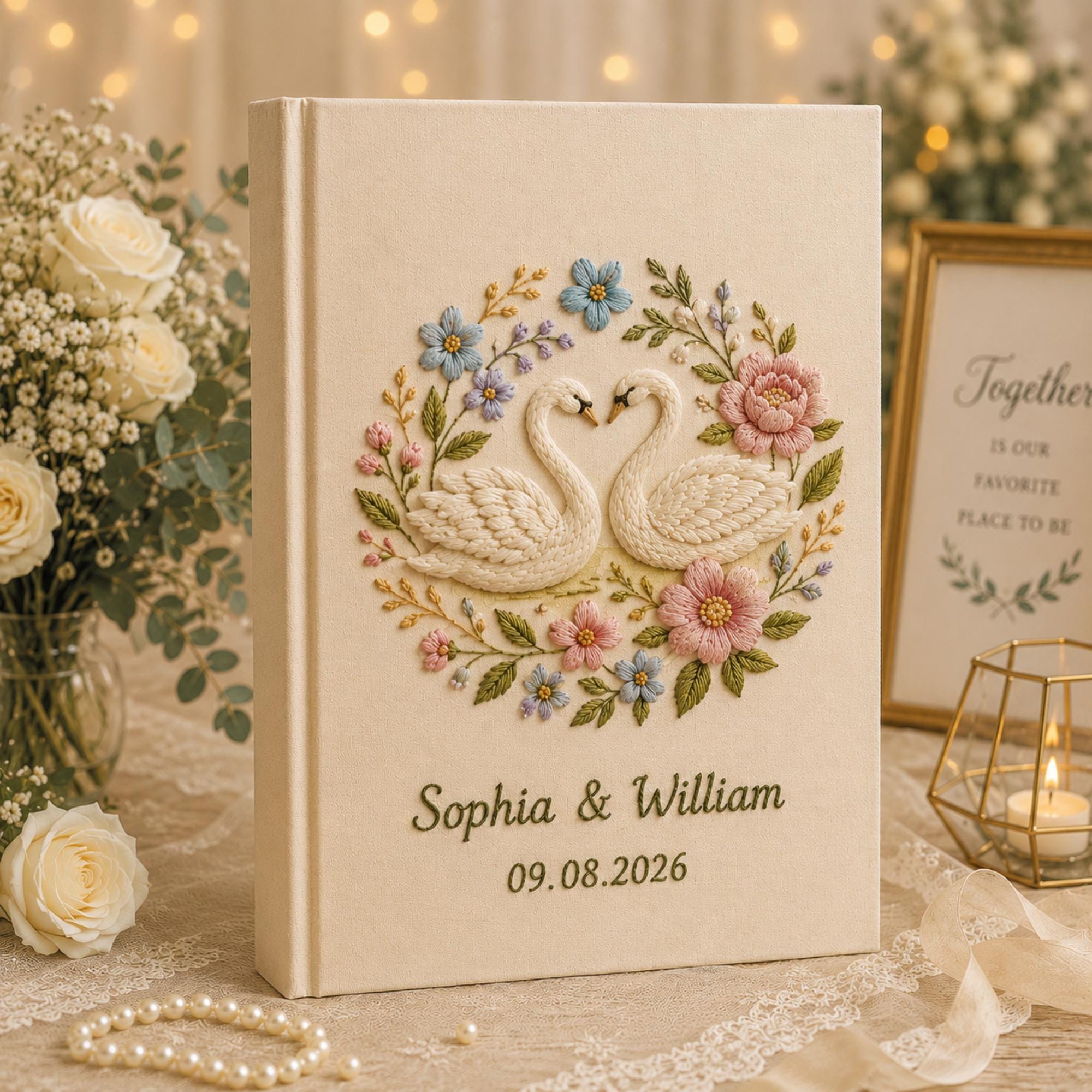 Custom Hand Embroidered Wedding Photo Album With Sleeves, Lily of the Valley Wedding Photo Album, Embroidered Swan Heart Memory Book