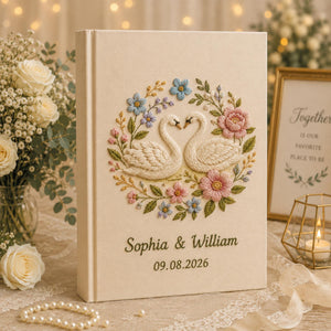 Custom Hand Embroidered Wedding Photo Album With Sleeves, Lily of the Valley Wedding Photo Album, Embroidered Swan Heart Memory Book