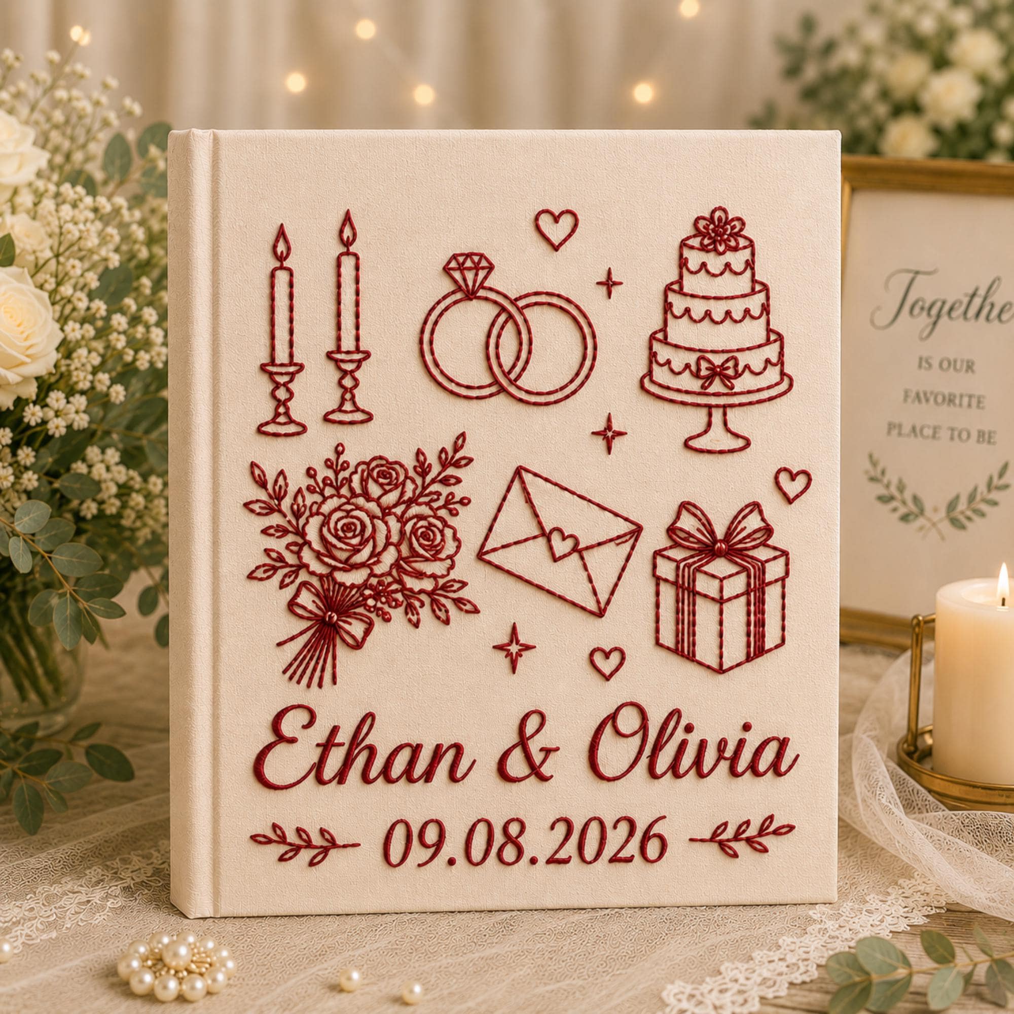 Custom Embroidered Linen Wedding Photo Album, Personalized Wedding Memory Book, Linen Album Anniversary Gift, Couple Keepsake Album