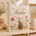 Hand Embroidered Teddy Bear Linen Baby Photo Album, Floral Memory Book Keepsake, Unique Photo Album, Baby Shower Gift, Newborn Keepsake