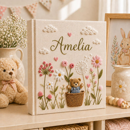 Hand Embroidered Teddy Bear Linen Baby Photo Album, Floral Memory Book Keepsake, Unique Photo Album, Baby Shower Gift, Newborn Keepsake
