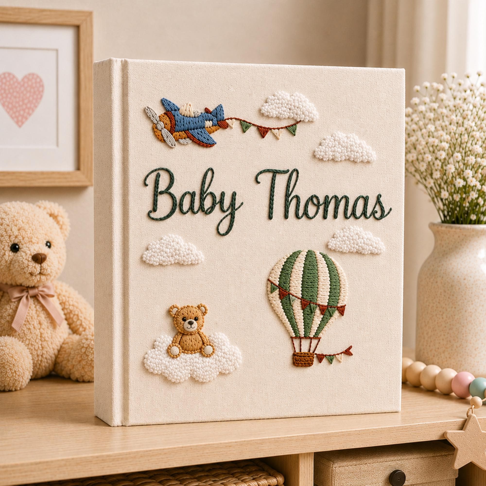 Hand Embroidered Baby Photo Album with Teddy Bear, Hot Air Balloon & Airplane Linen Memory Book, Newborn Keepsake Album, Baby Shower Gift