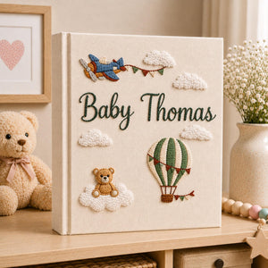 Hand Embroidered Baby Photo Album with Teddy Bear, Hot Air Balloon & Airplane Linen Memory Book, Newborn Keepsake Album, Baby Shower Gift