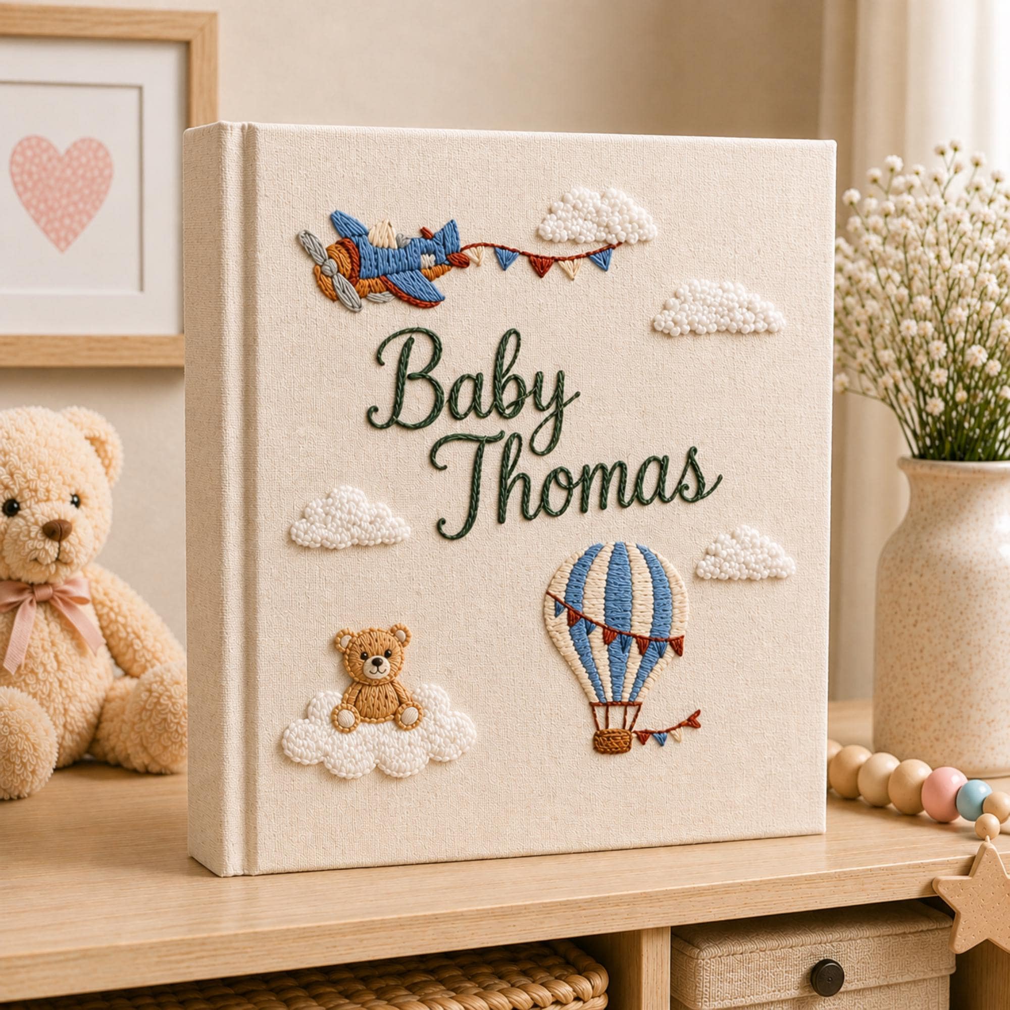 Hand Embroidered Baby Photo Album with Teddy Bear, Hot Air Balloon & Airplane Linen Memory Book, Newborn Keepsake Album, Baby Shower Gift