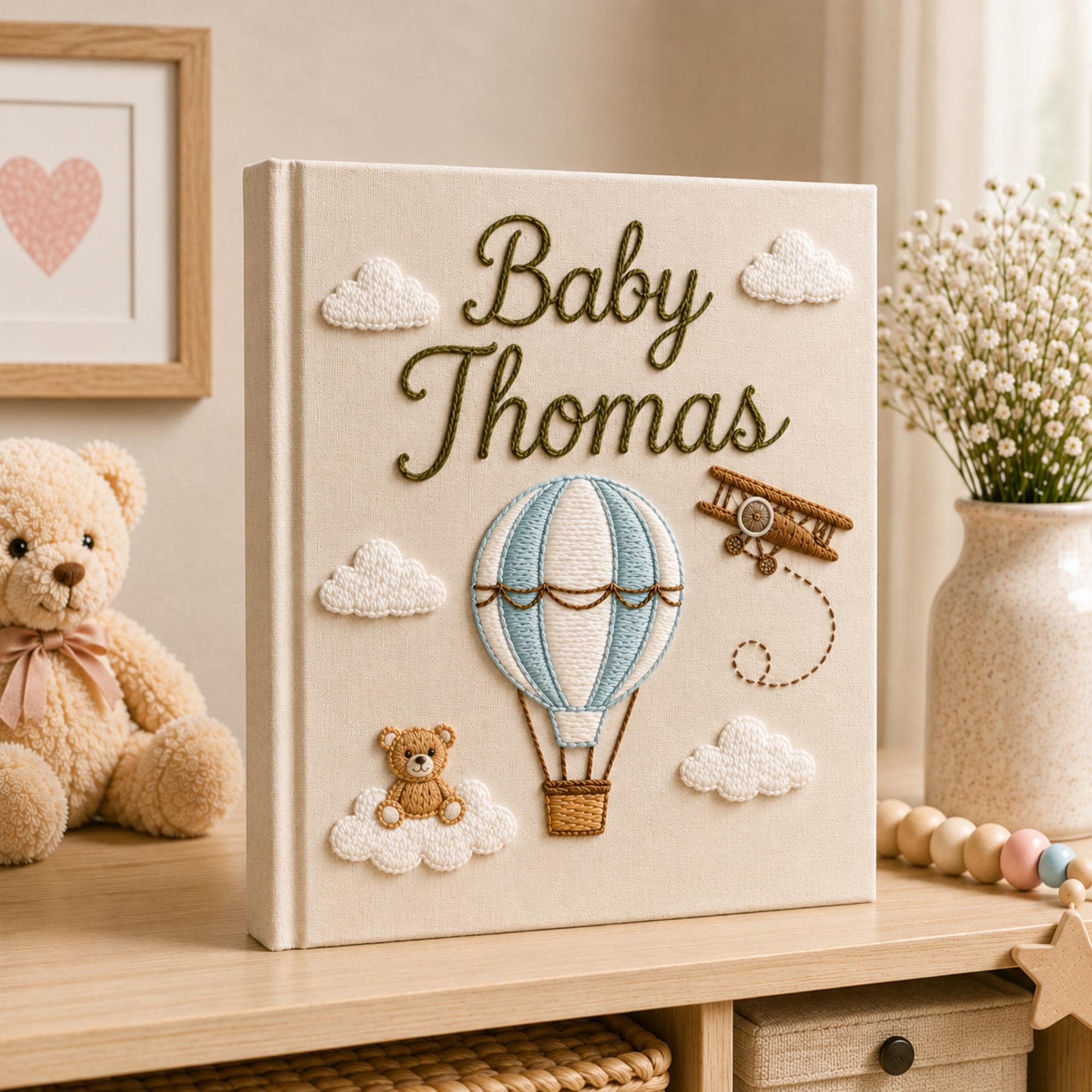 Hand Embroidered Baby Photo Album with Teddy Bear, Hot Air Balloon & Airplane Linen Memory Book, Newborn Keepsake Album, Baby Shower Gift