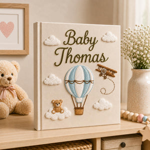 Hand Embroidered Baby Photo Album with Teddy Bear, Hot Air Balloon & Airplane Linen Memory Book, Newborn Keepsake Album, Baby Shower Gift