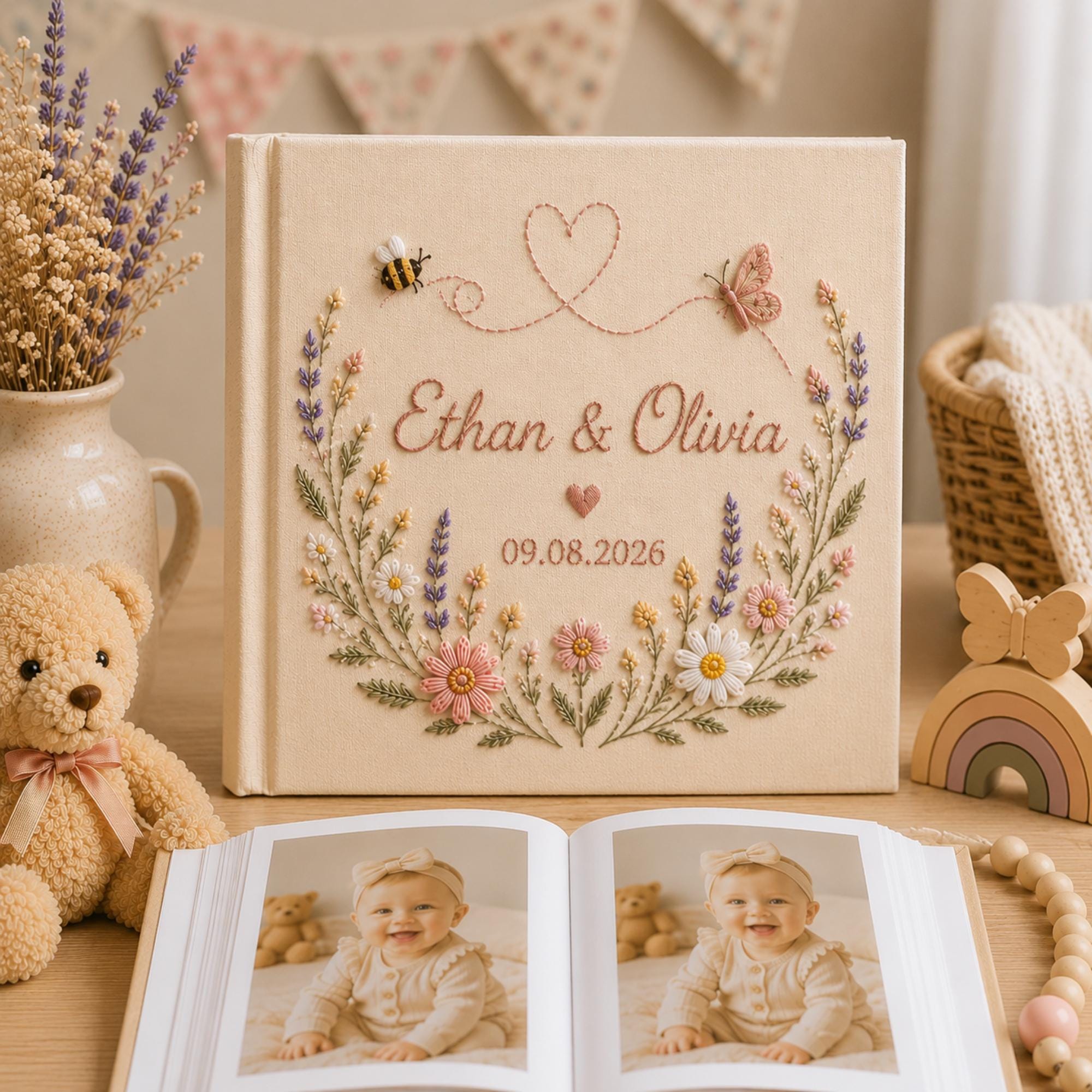 Personalized Hand Embroidered Wedding Photo Album, Floral Wedding Keepsake Album, Custom Name Guest Book, Handmade Linen Memory Book