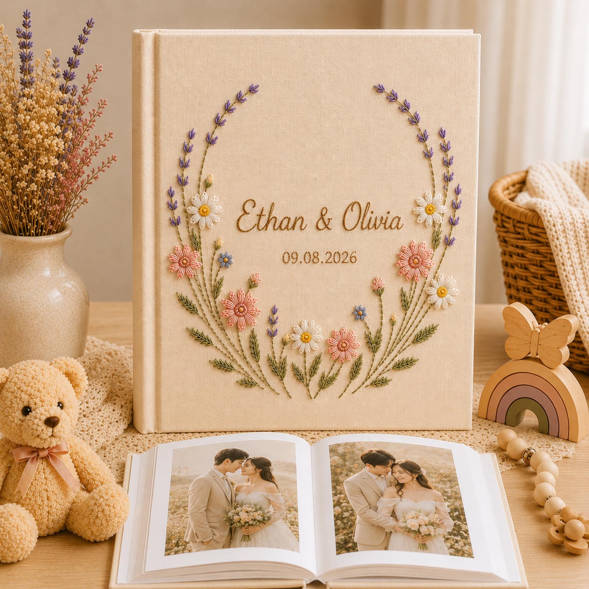 Personalized Hand Embroidered Wedding Photo Album, Floral Wedding Keepsake Album, Custom Name Guest Book, Handmade Linen Memory Book