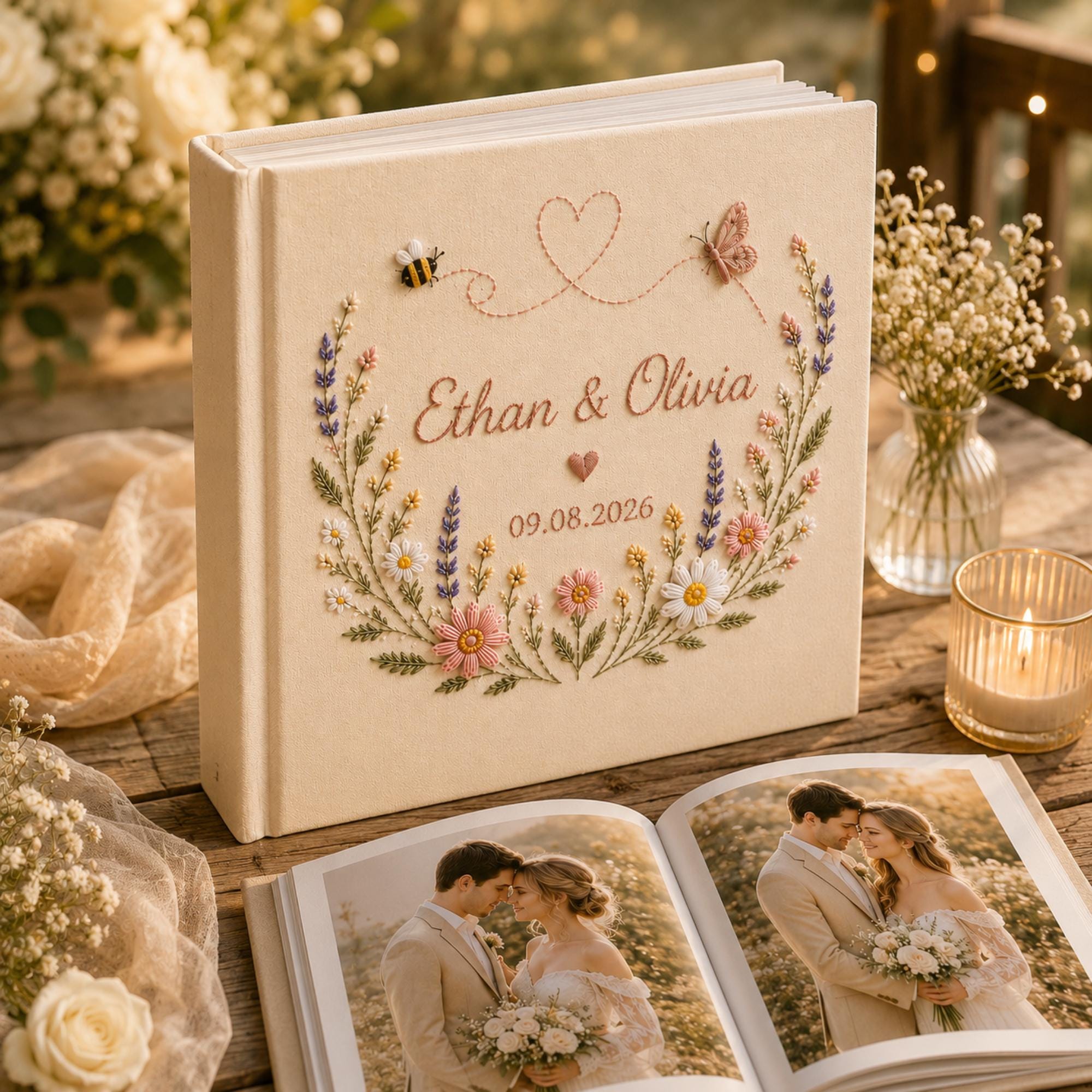 Personalized Hand Embroidered Wedding Photo Album, Floral Wedding Keepsake Album, Custom Name Guest Book, Handmade Linen Memory Book