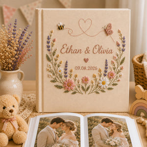 Personalized Hand Embroidered Wedding Photo Album, Floral Wedding Keepsake Album, Custom Name Guest Book, Handmade Linen Memory Book