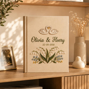 Custom Hand Embroidered Wedding Photo Album, Swan Heart Lily of the Valley Memory Book, Lily of the Valley Wedding Book, Bridal Gift