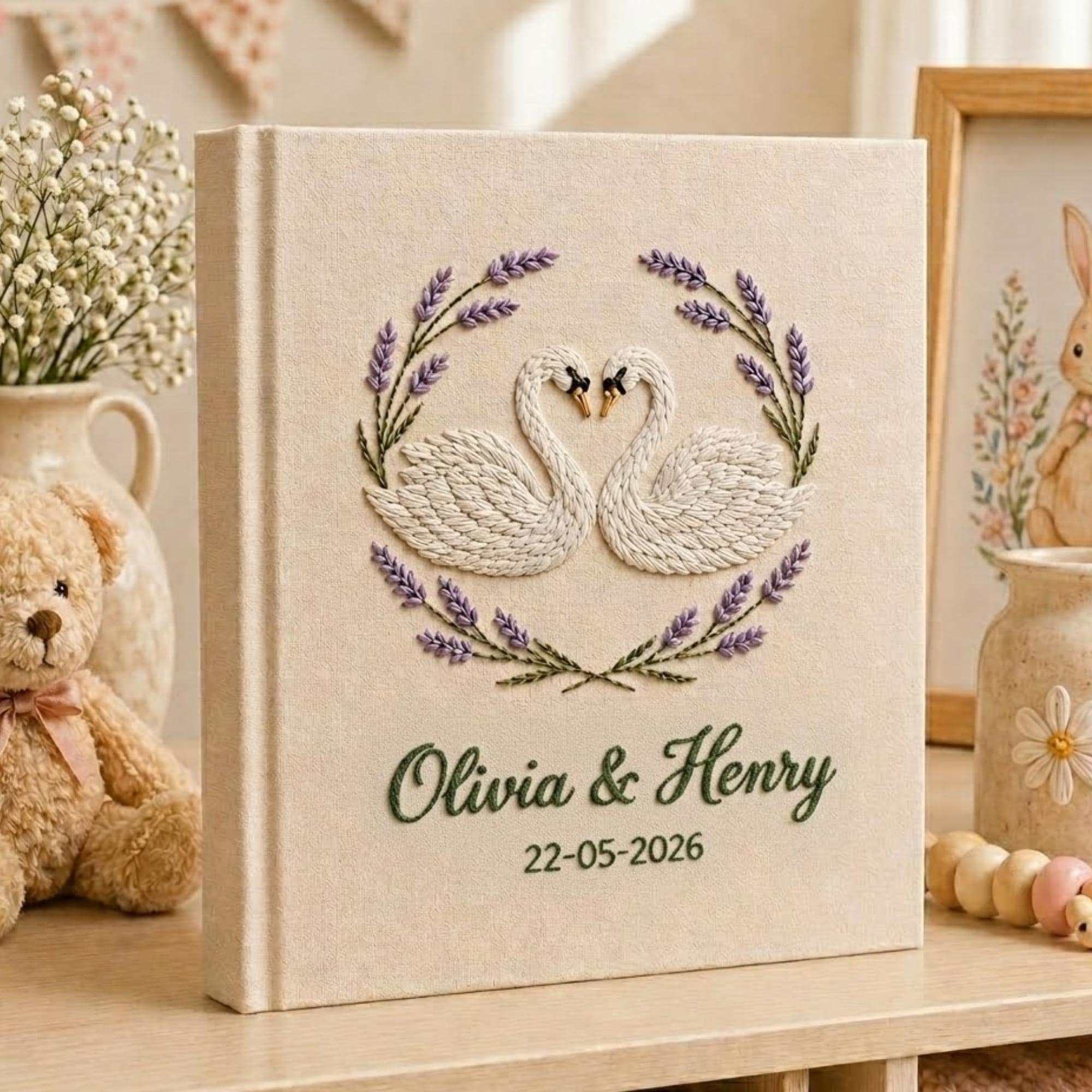 Custom Hand Embroidered Wedding Photo Album, Swan Heart Lily of the Valley Memory Book, Lily of the Valley Wedding Book, Bridal Gift