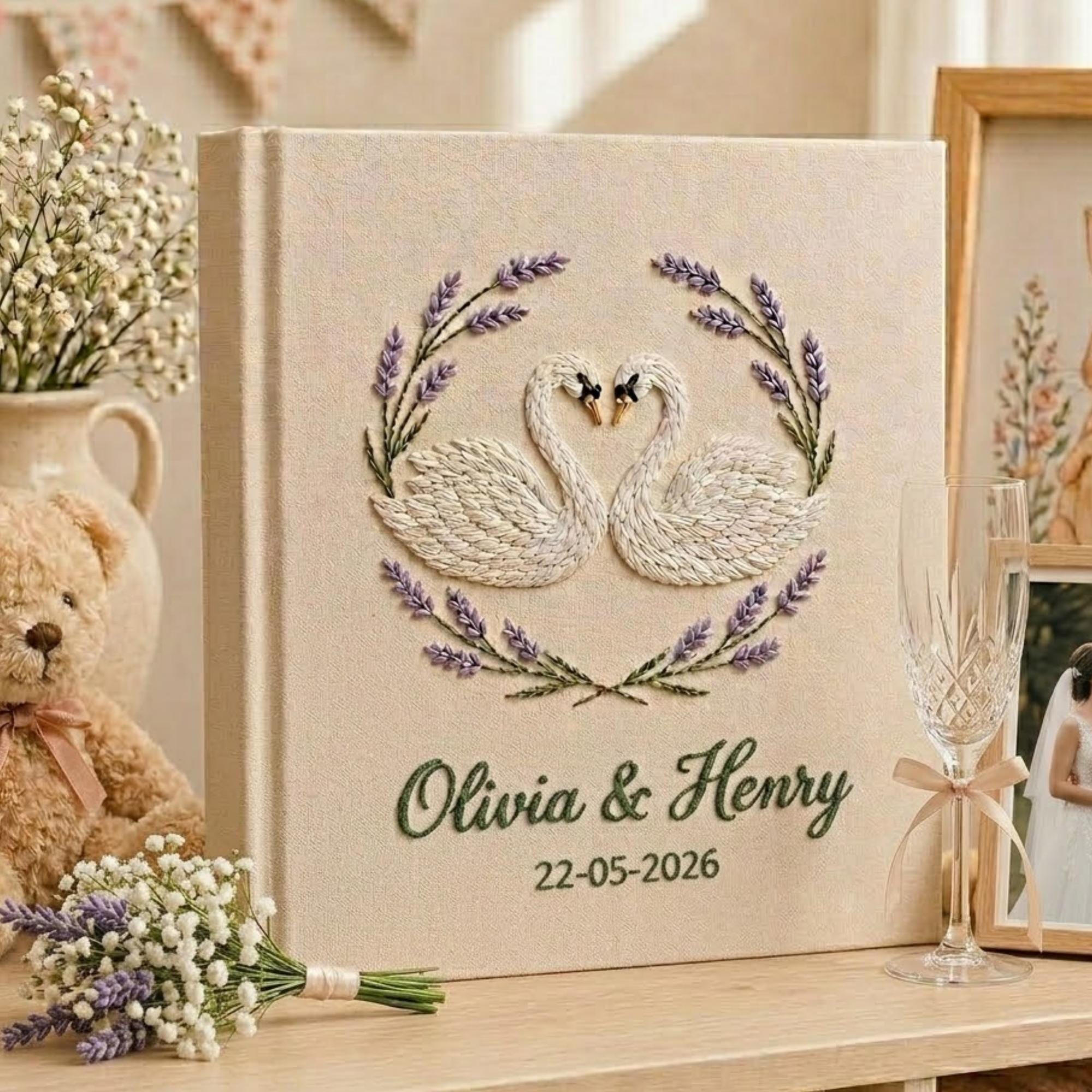Personalized Swan Lavender Couple Wedding Photo Album, Custom Floral Embroidery Memory Book, Lavender Wedding Book, Linen Bridal Keepsake