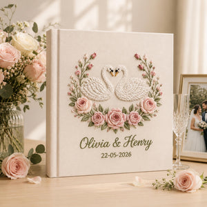 Personalized Swan Lavender Couple Wedding Photo Album, Custom Floral Embroidery Memory Book, Lavender Wedding Book, Linen Bridal Keepsake
