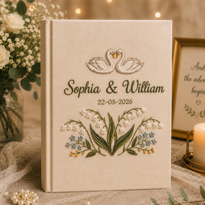 Custom Hand Embroidered Wedding Photo Album, Swan Heart Lily of the Valley Memory Book, Lily of the Valley Wedding Book, Bridal Gift