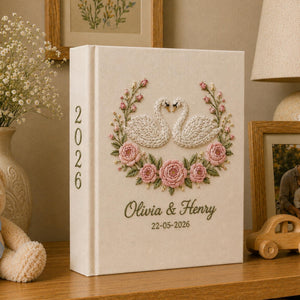 Custom Hand Embroidered Wedding Photo Album, Swan Heart Lily of the Valley Memory Book, Lily of the Valley Wedding Book, Bridal Gift