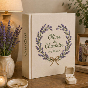 Personalized Swan Lavender Couple Wedding Photo Album, Custom Floral Embroidery Memory Book, Lavender Wedding Book, Linen Bridal Keepsake