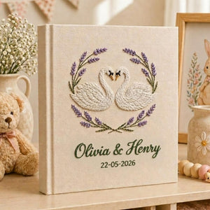 Personalized Swan Lavender Couple Wedding Photo Album, Custom Floral Embroidery Memory Book, Lavender Wedding Book, Linen Bridal Keepsake