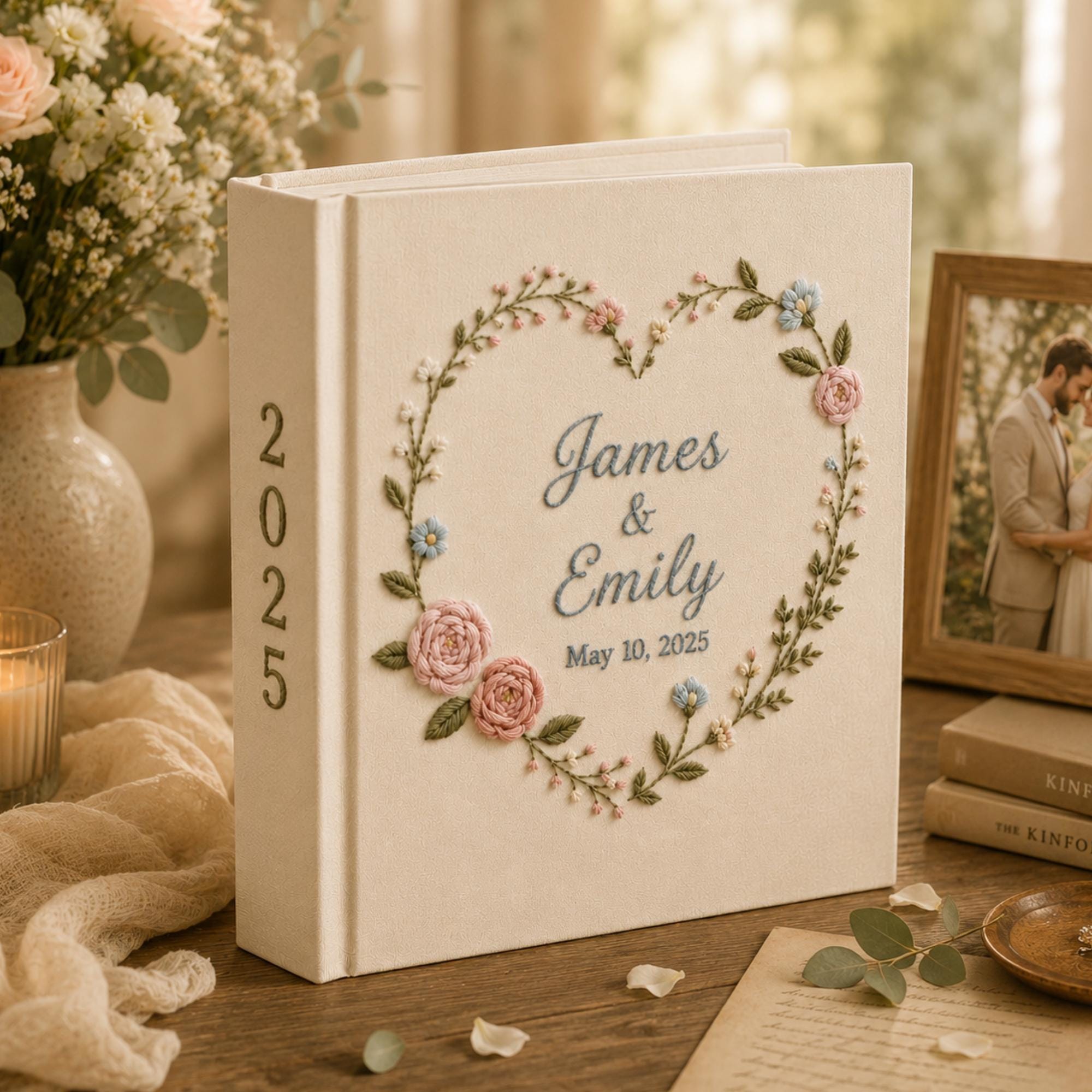 Personalized Hand Embroidered Floral Linen Wedding Photo Album, Floral Wedding Keepsake Album, Handmade Linen Memory Book, Bridal Gift