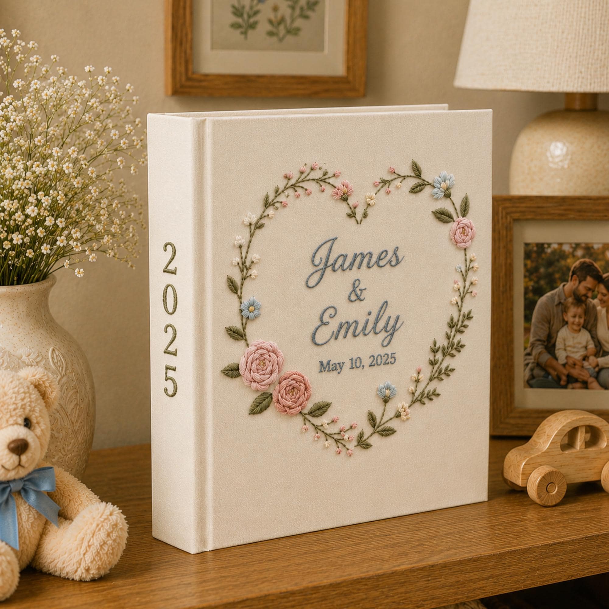 Personalized Hand Embroidered Floral Linen Wedding Photo Album, Floral Wedding Keepsake Album, Handmade Linen Memory Book, Bridal Gift