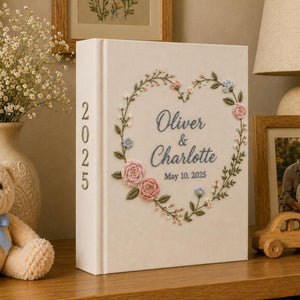 Personalized Hand Embroidered Floral Linen Wedding Photo Album, Floral Wedding Keepsake Album, Handmade Linen Memory Book, Bridal Gift