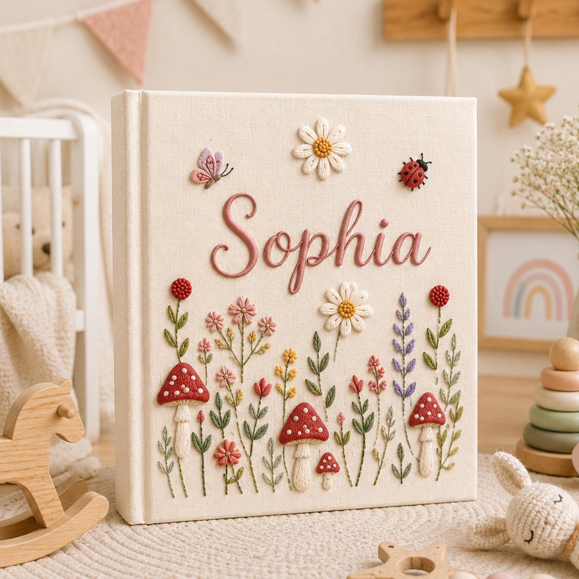 Hand Embroidered Baby Photo Album With Sleeves, Personalized Linen Baby Memory Book, Mushroom Floral Album Keepsake, Baby Shower Gift
