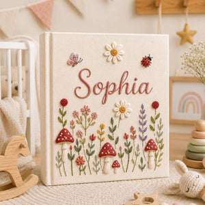 Hand Embroidered Baby Photo Album With Sleeves, Personalized Linen Baby Memory Book, Mushroom Floral Album Keepsake, Baby Shower Gift